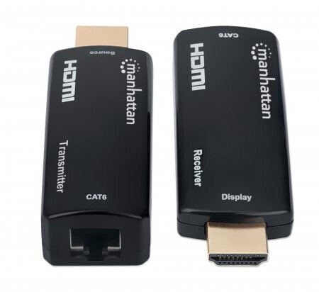 Manhattan 1080p@60Hz Compact HDMI over Ethernet Extender Kit - Extends Distances of Signal up to 60m with a Single Cat6 Ethernet Cable - Transmitter and Receiver included - Power over Cable - Ultra Slim Design - Three Year Warranty - Black - 1920 x 1080 pixels - AV