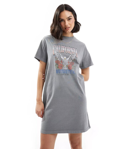 Miss Selfridge lace up back graphic t-shirt mini dress in grey