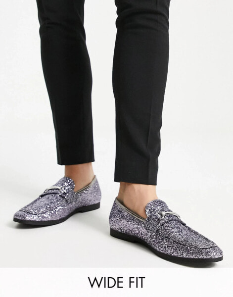 Truffle Collection Wide Fit snaffle trim loafers in chunky glitter