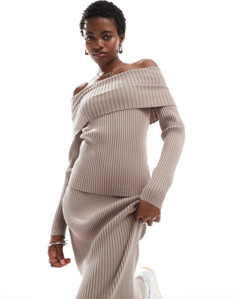 Glamorous off shoulder rib knit jumper in taupe co-ord