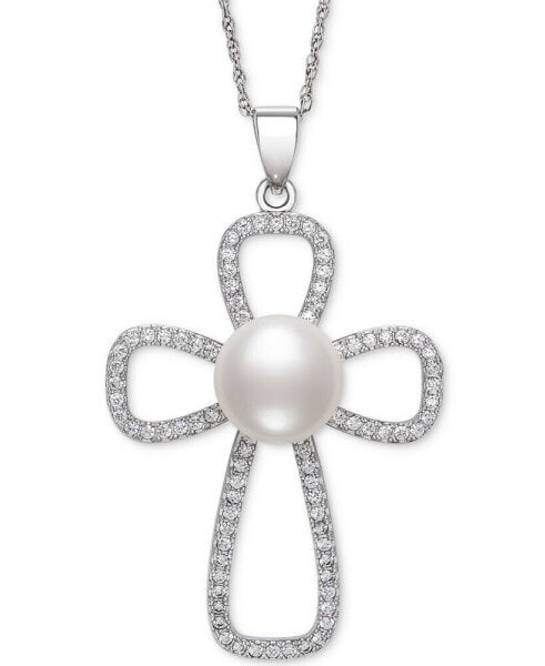 Belle de Mer cultured Freshwater Button Pearl (10mm) & Cubic Zirconia Cross 18" Pendant Necklace in Sterling Silver