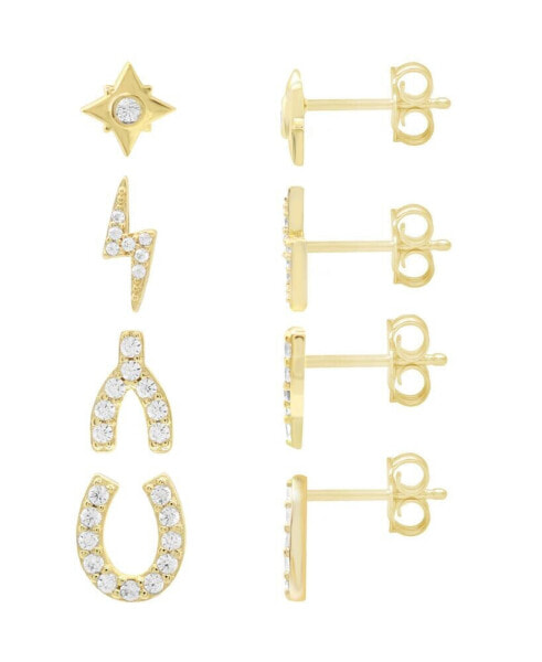High Polished and Cubic Zirconia Multi Motif Mix Match 4 Stud Earring Set, Gold Plate
