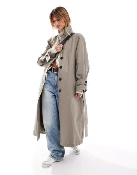 ASOS DESIGN funnel neck oversized longline trench coat in mushroom