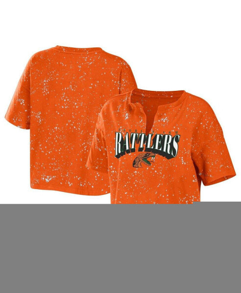 Women's Orange Florida A&M Rattlers Bleach Wash Splatter Cropped Notch Neck T-shirt