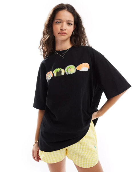 ASOS DESIGN boyfriend fit t-shirt with sushi graphic in black