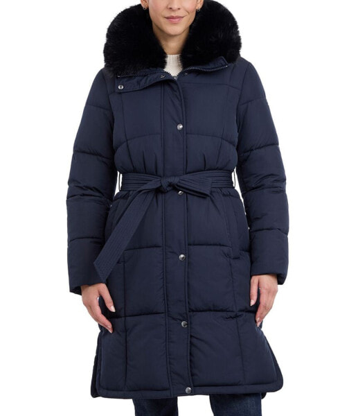 Women's Faux-Fur-Collar Belted Puffer Coat, Created for Macy's