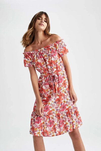 Floral Desenli Carmen Yaka Yazlık Midi Elbise