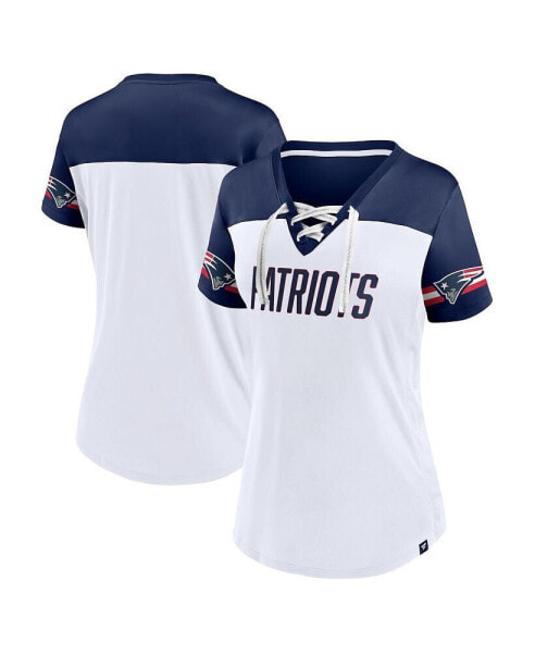 Women's White New England Patriots Dueling Slant V-Neck Lace-Up T-shirt