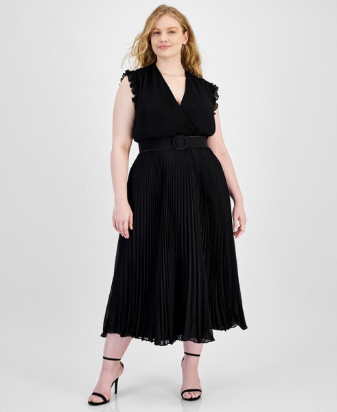 Plus Size Pleated Belted A-Line Dress