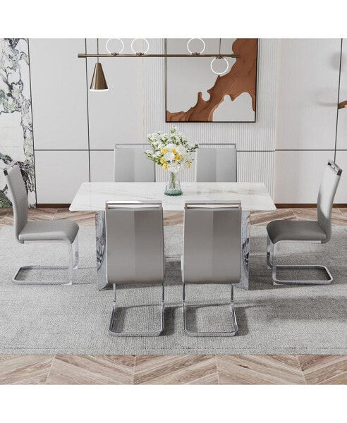 Modern minimalist dining table. Imitation marble glass sticker desktop, stainless steel legs, stable and beautiful. 6 premium PU seats. 63 inches 35.4 inches 29.5 inches DT-69 C-1162