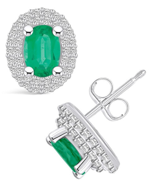 Emerald (1 Ct. t.w.) and Diamond (3/8 Ct. t.w.) Halo Stud Earrings