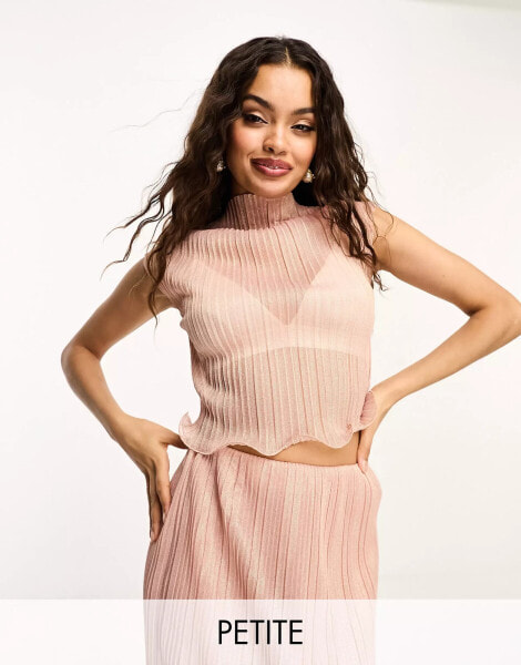 River Island Petite co-ord plisse frill hem top in light pink