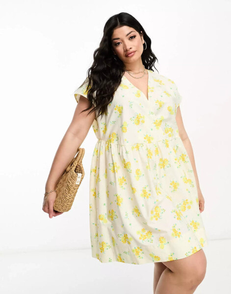 ASOS DESIGN Curve cotton v neck mini smock dress in ditsy floral