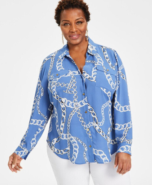 Plus Size Printed Collared Button Front Top, Created for Macy's