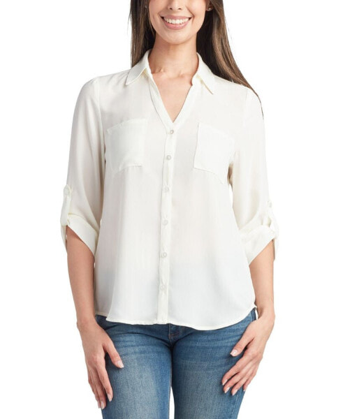 Juniors' Collared Roll-Tab 3/4-Sleeve Shirt