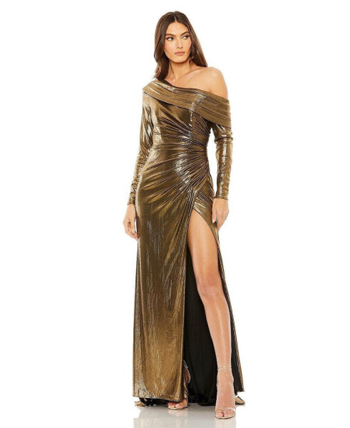 Women's Long Sleeve Off The Shoulder Metallic Gown