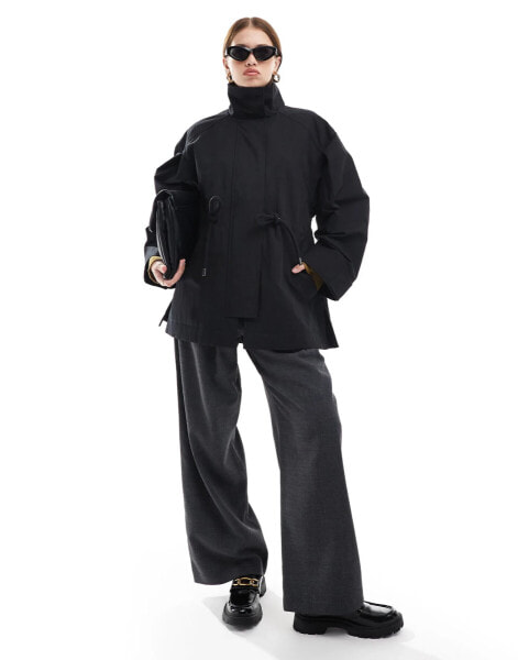 & Other Stories long line belted jacket with chunky drawcord tie detail in black