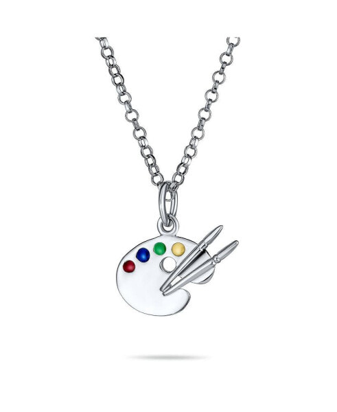 Painter Drawing Multi Color Enamel Future Artist Palette Art Paint Brush Pendant Necklace For Women Art Teacher Women .925 Sterling Silver