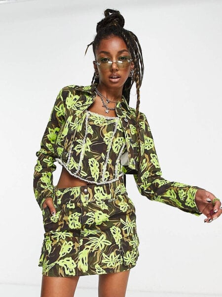 COLLUSION cropped twill jacket in floral camo co-ord