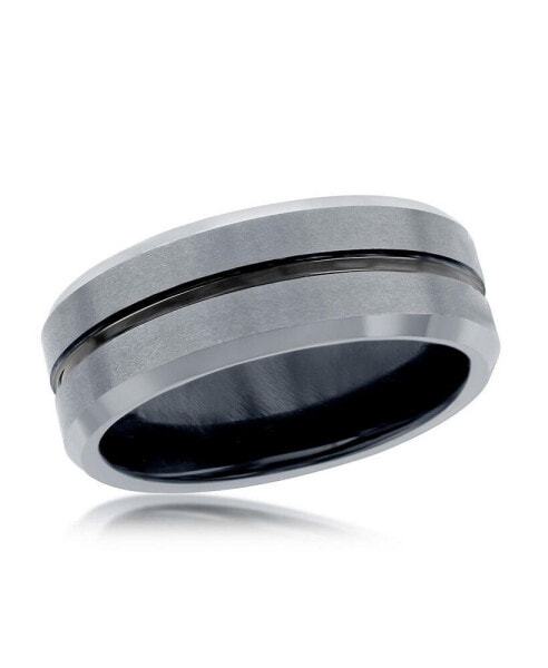 Matte & Polished Silver and Black Stripe Tungsten Ring