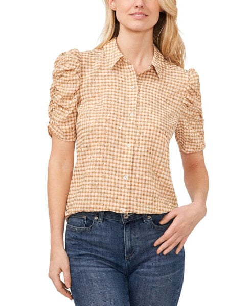 Women's Ruched Sleeve Collared Button Down Blouse