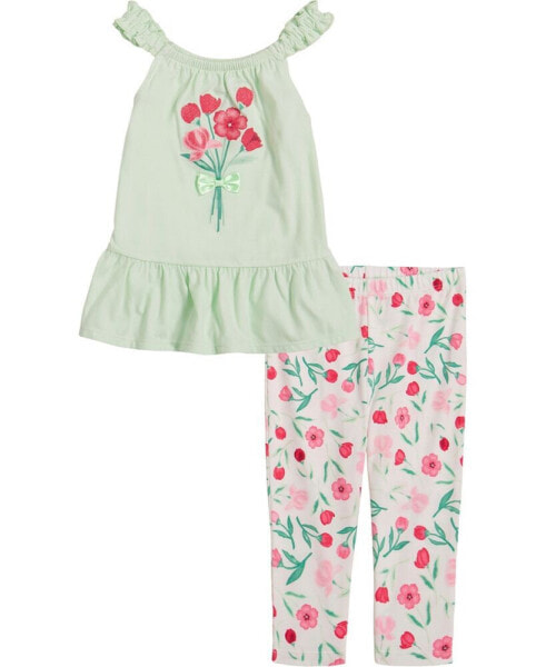 Little Girls Ruche Strap Tunic Top and Printed Capri Leggings, 2 Piece Set