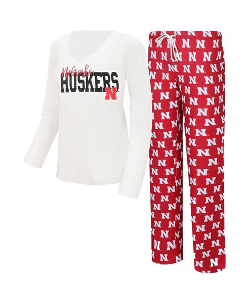 Пижама Concepts Sport женская белая, красная Nebraska Huskers с длинным рукавом V-образным вырезом и брюками Gauge