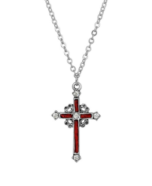 Symbols of Faith pewter Red Hand Enamel Cross with Crystals Necklace