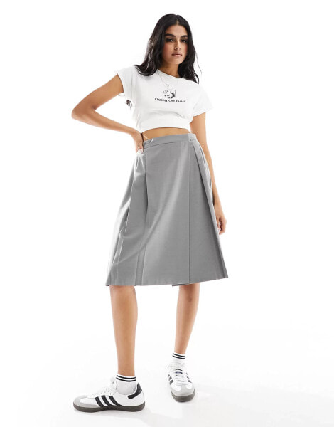 ASOS DESIGN tailored pleated midi skirt in grey