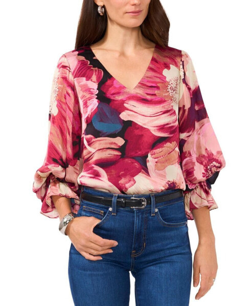 Women's Printed V-Neck Balloon-Sleeve Top