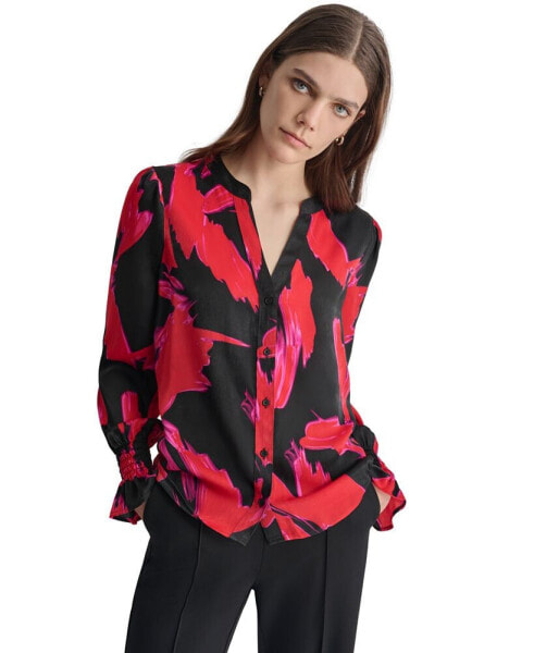 Women's Printed Blouson-Sleeve Button-Front Shirt