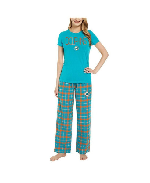 Пижама Concepts Sport женская "Майами Долфинс" с футболкой и брюками из фланели, цвета аква и оранжевый