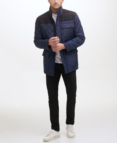 Men's Mixed Media Diamond-Like Quilt Coat