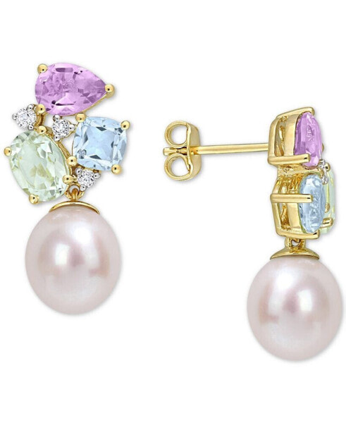 Cultured Freshwater Pearl (9mm) & Multi-Gemstone (4-3/4 ct. t.w.) Drop Earrings in 18k Gold-Plated Sterling Silver