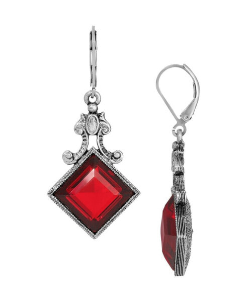 Glass Red Square Silver-Tone Drop Earrings