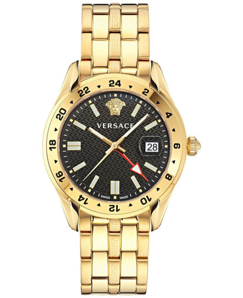Men's Swiss Greca Time GMT Gold Ion Plated Stainless Steel Bracelet Watch 41mm