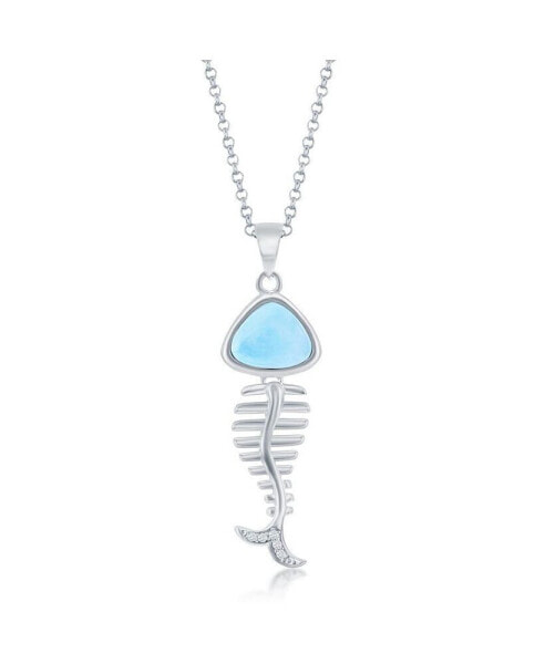 Sterling Silver Larimar and CZ Fish Skeleton Necklace
