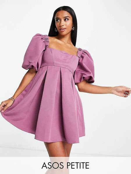 ASOS DESIGN petite structured prom mini dress with curved neckline detail in mauve