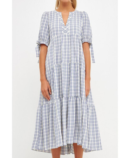 Women's Gingham Tiered Dress with Bow-Tie Sleeves