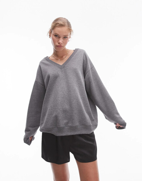 Topshop – Lockeres Sweatshirt in meliertem Grau mit V-Ausschnitt