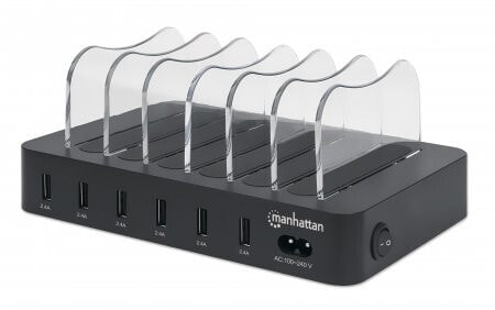 Manhattan Charging Station - 6x USB-A Ports - Outputs: 6x 2.4A - Smart IC - LED Indicator Lights - Black - Three Year Warranty - Box - Black - CE FCC RoHS WEEE ETL - 100 - 240 V - 1 A - 155 mm - 125 mm