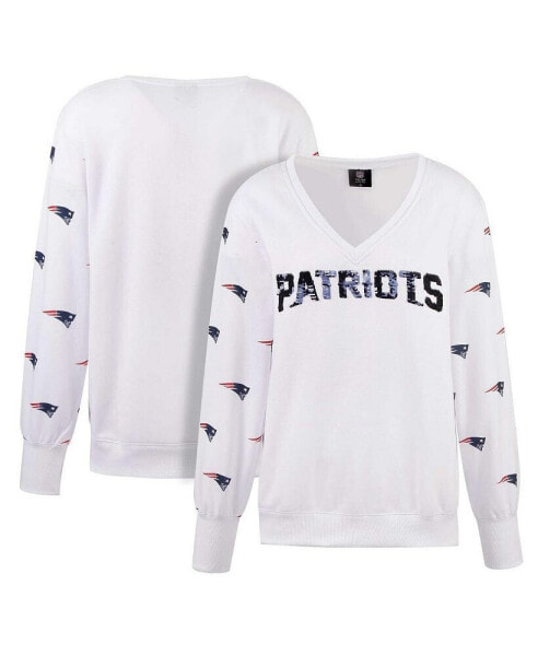 Women's White New England Patriots Sequin Fleece V-Neck T-shirt