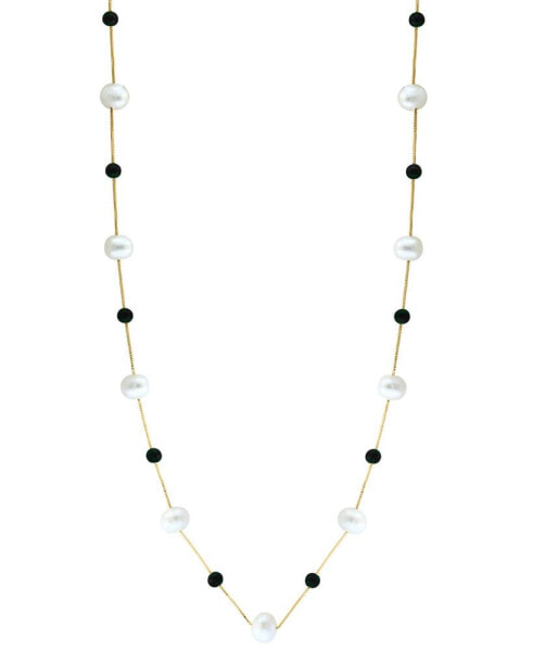 EFFY® Freshwater Pearl (6-1/2mm), and Onyx 18" Collar Necklace in 14k Gold