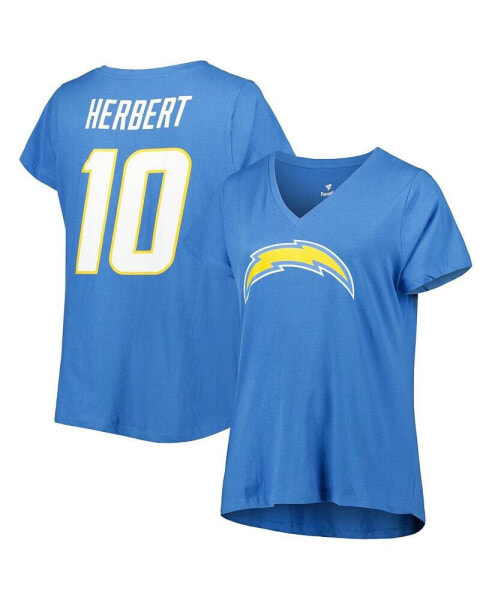 Women's Justin Herbert Powder Blue Los Angeles Chargers Plus Size Player Name and Number V-Neck T-shirt