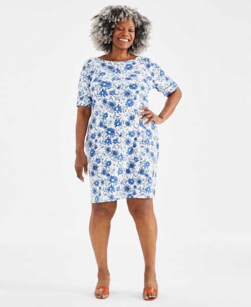 Plus Size Printed Boat-Neck Dress, Created for Macy's