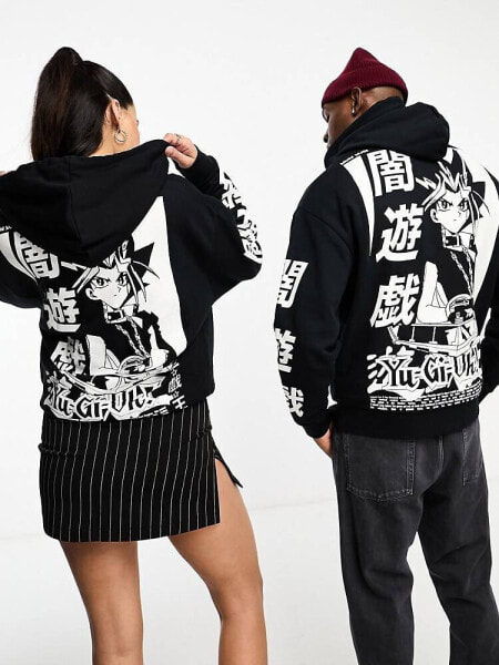 ASOS DESIGN oversized hoodie with Yu-Gi-Oh prints in black and white