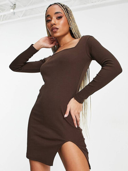 Threadbare Aria ribbed mini dress with side split in chocolate brown