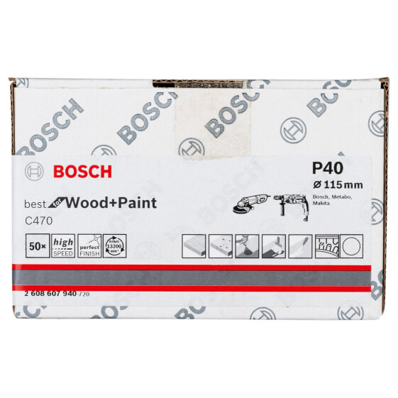 Bosch Schleifblatt Papier C470, 115 mm, Körnung 40, ungelocht, Klett, 50er-Pack