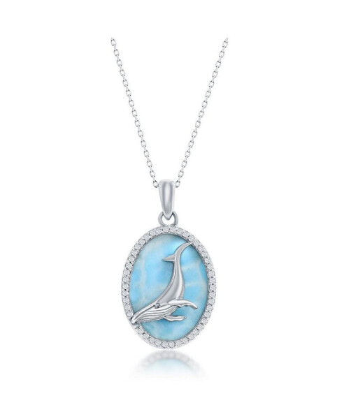 Sterling Silver Larimar w/ Center Whale and CZ Outline Oval Necklace