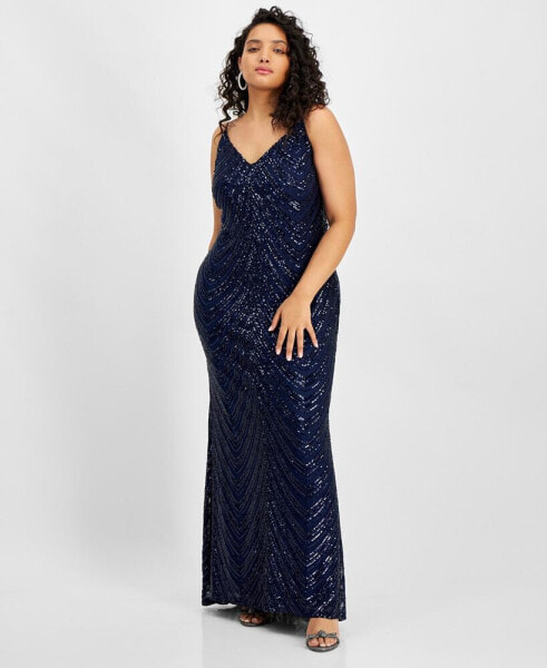 Trendy Plus Size Sequined V-Neck Sleeveless Gown